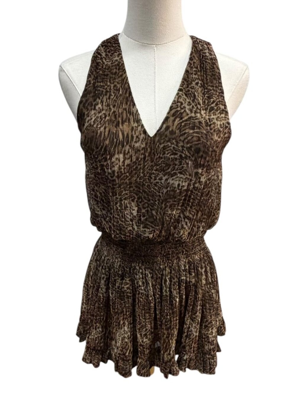 NWOT Ramy Brook Animal Print Metallic Smocked Mini Dress XXS